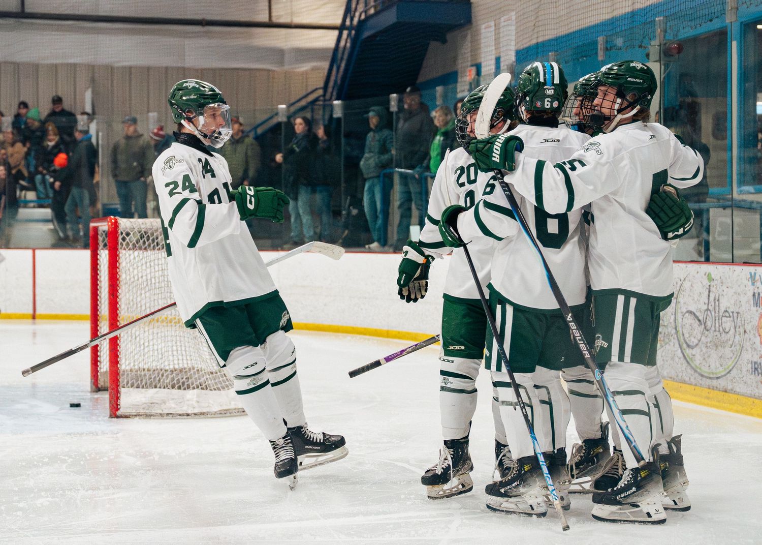 Hockey players in white and green uniforms celebrate together on the ice after scoring a goal during a game.