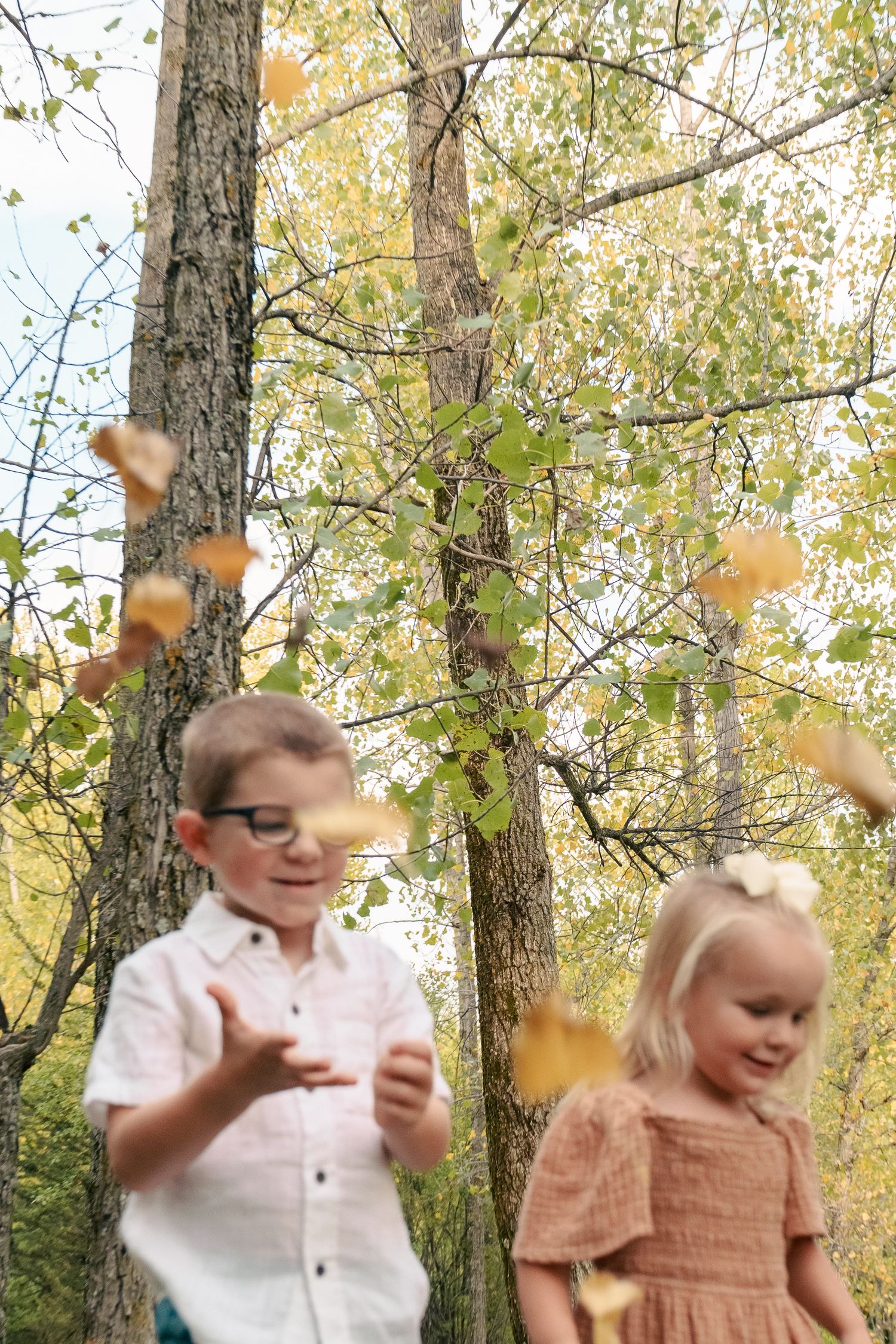 Children play in autumn leaves as they fall from trees in a forest setting on a bright sunny day.