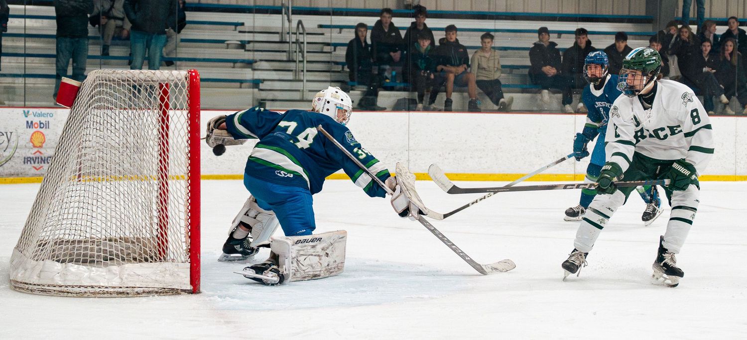 Ice hockey players compete during a game with goalies defending their nets on a professional rink.