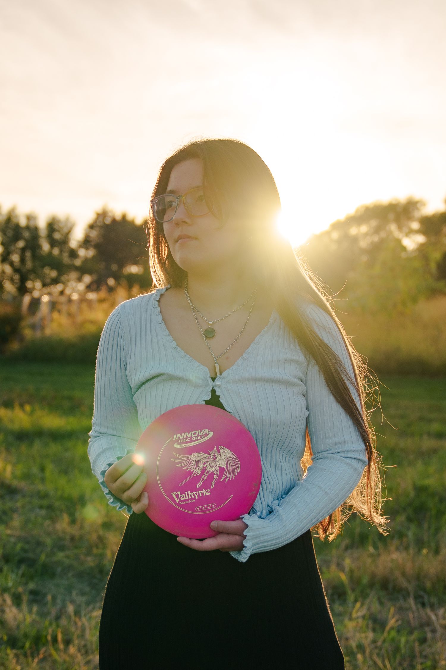 Person holds pink frisbee disc against sunset backdrop in grassy field during golden hour.