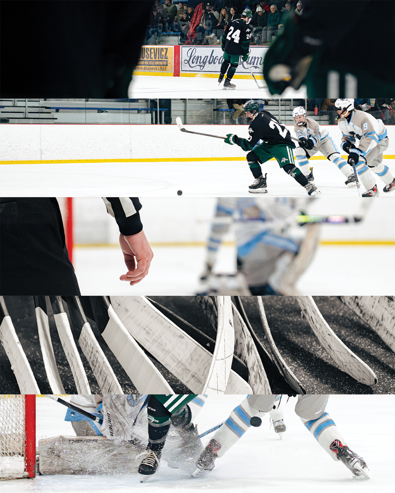 Hockey players battle for the puck near the goal with skates and sticks in a dramatic ice rink action shot.