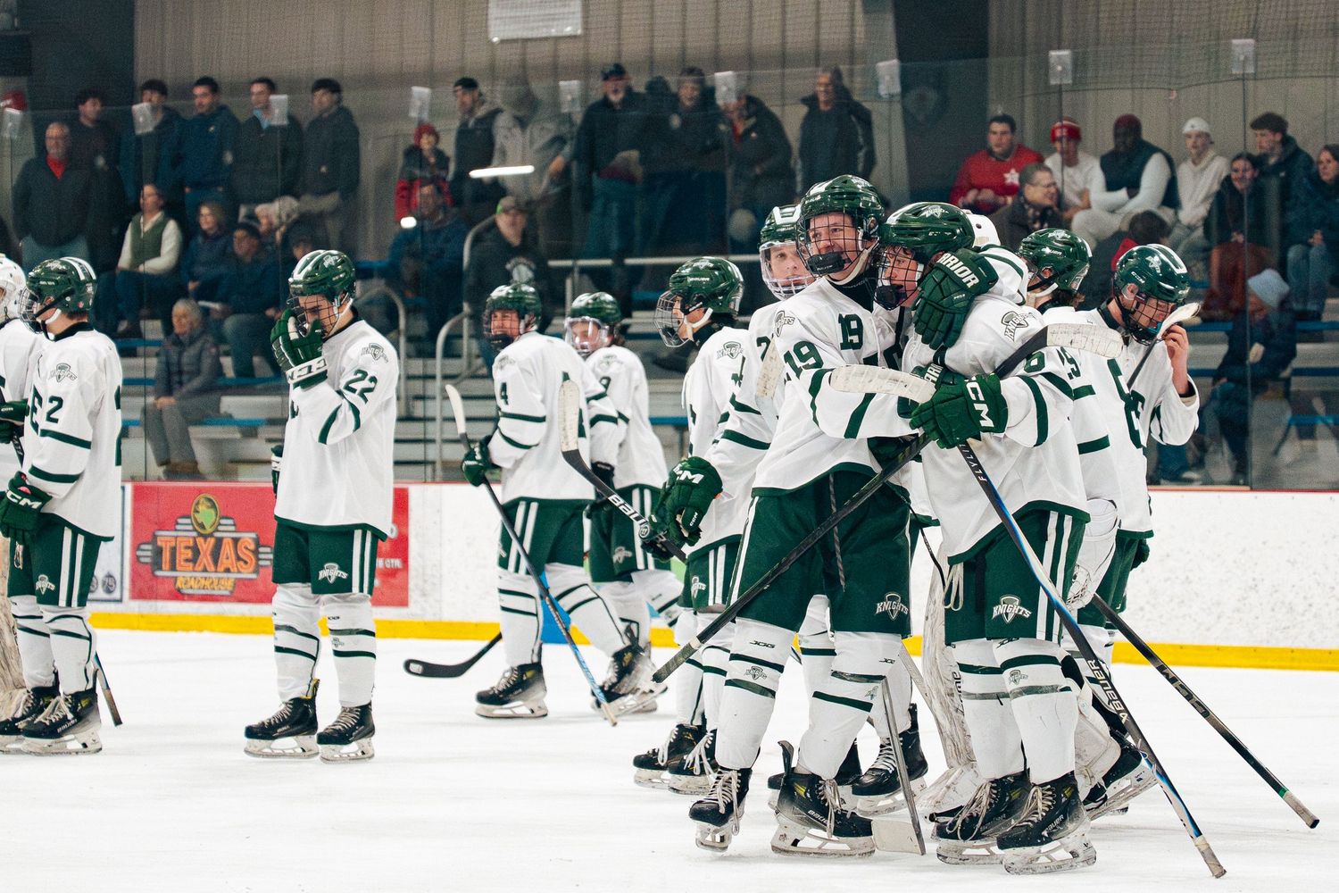 Hockey players in white and green jerseys celebrate on the ice after scoring during a game.