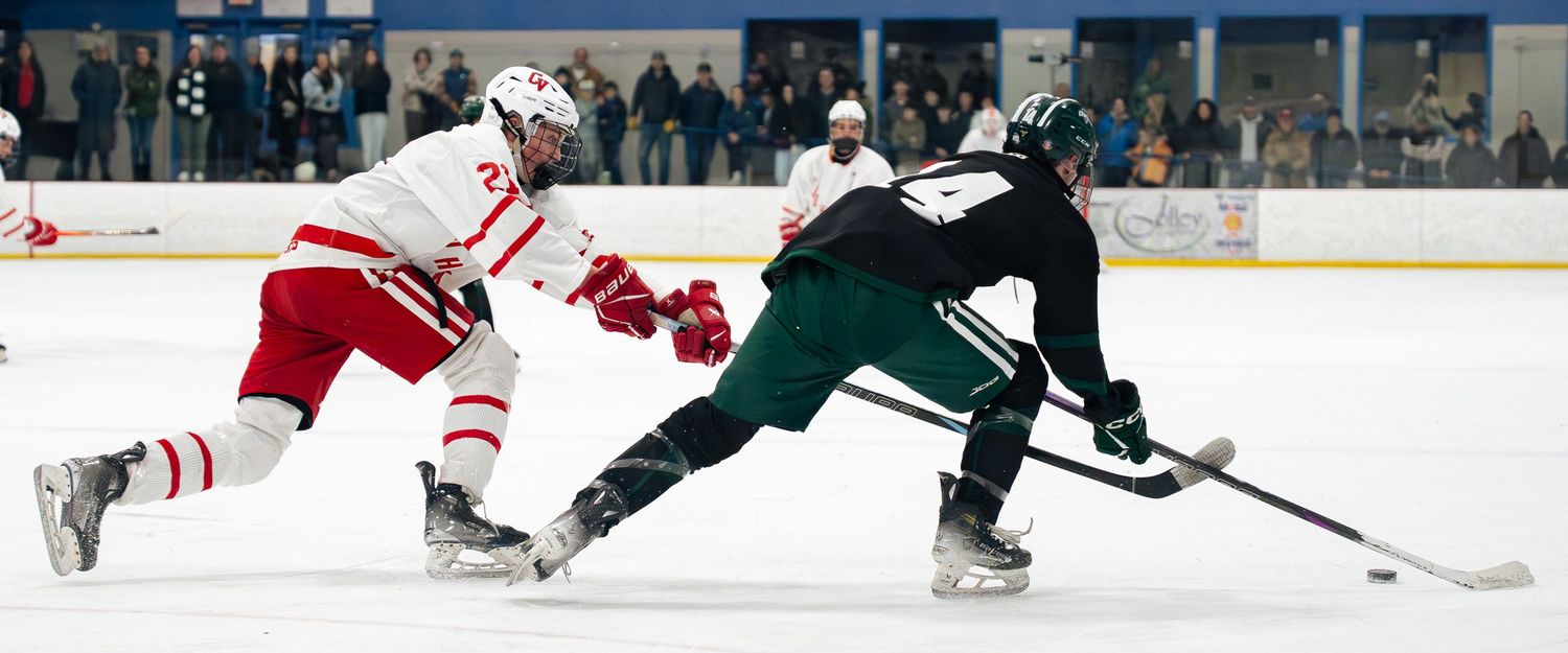 Hockey players battle for the puck during an intense game on the ice rink.