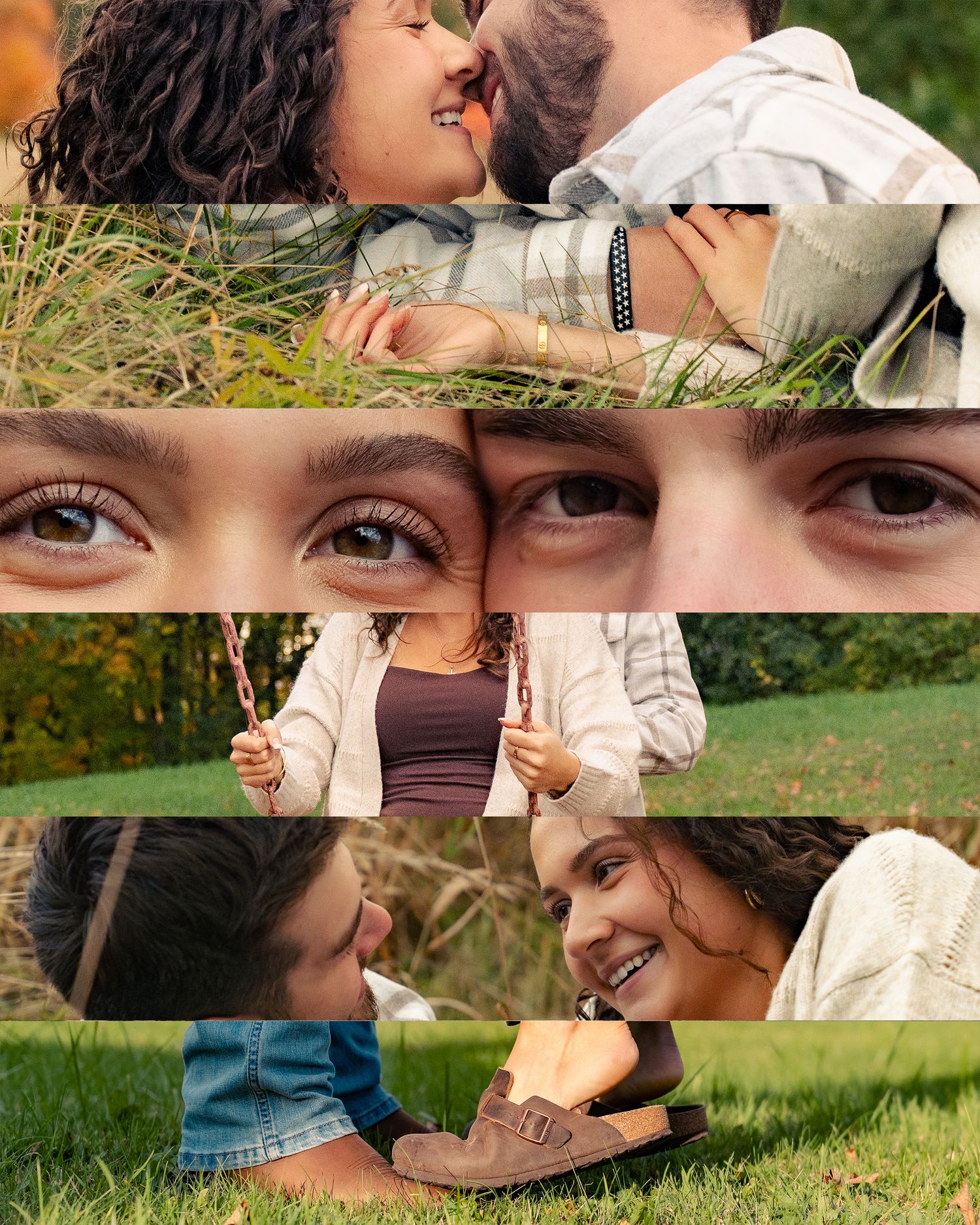 A romantic collage of tender moments between a couple lying in grass and sharing intimate glances outdoors.