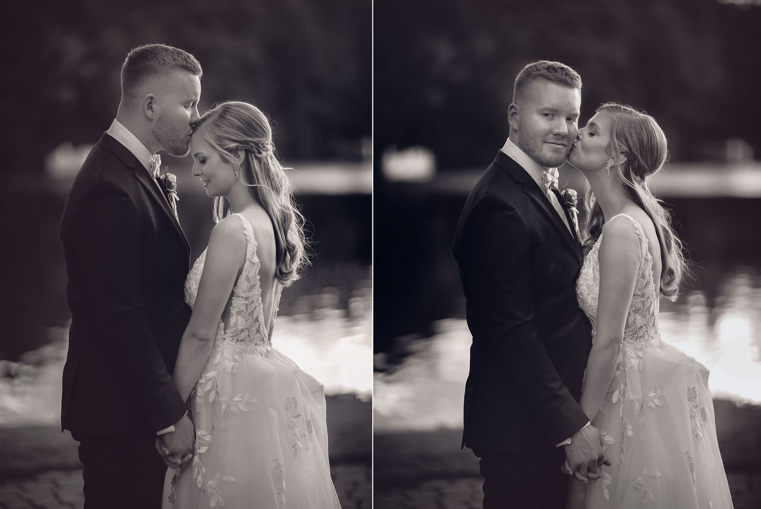 Old Daley on Crooked Lake Wedding bride and groom outside black and white portraits