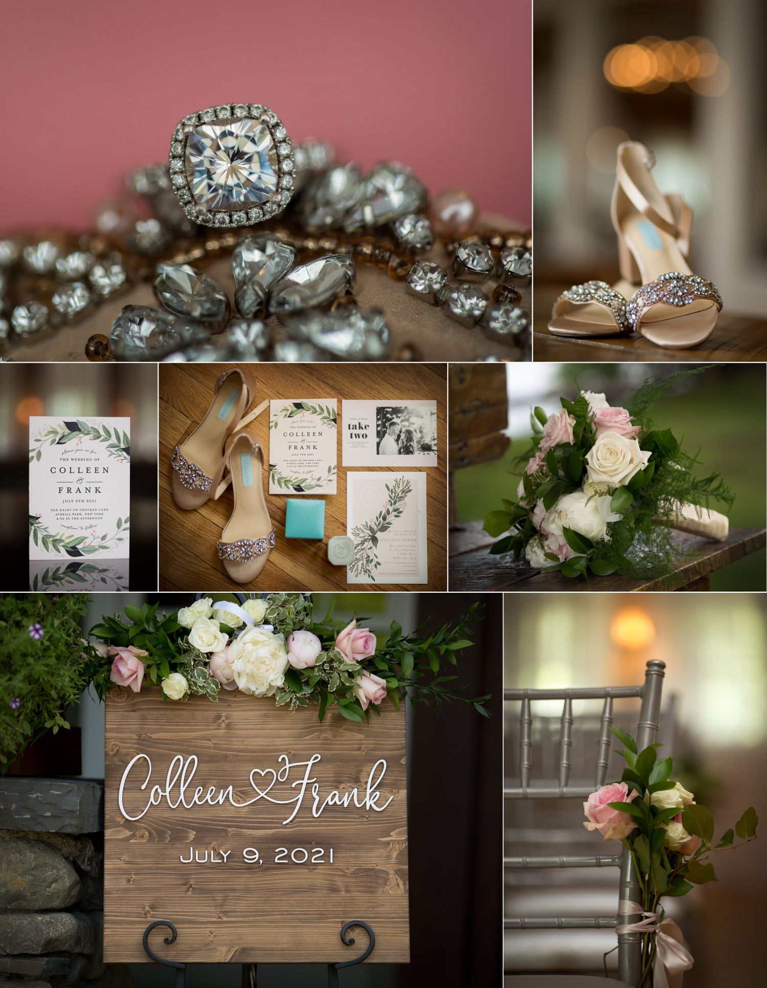 Old Daley on Crooked Lake Wedding details of rings, shoes, flowers, bouquet, invitation,