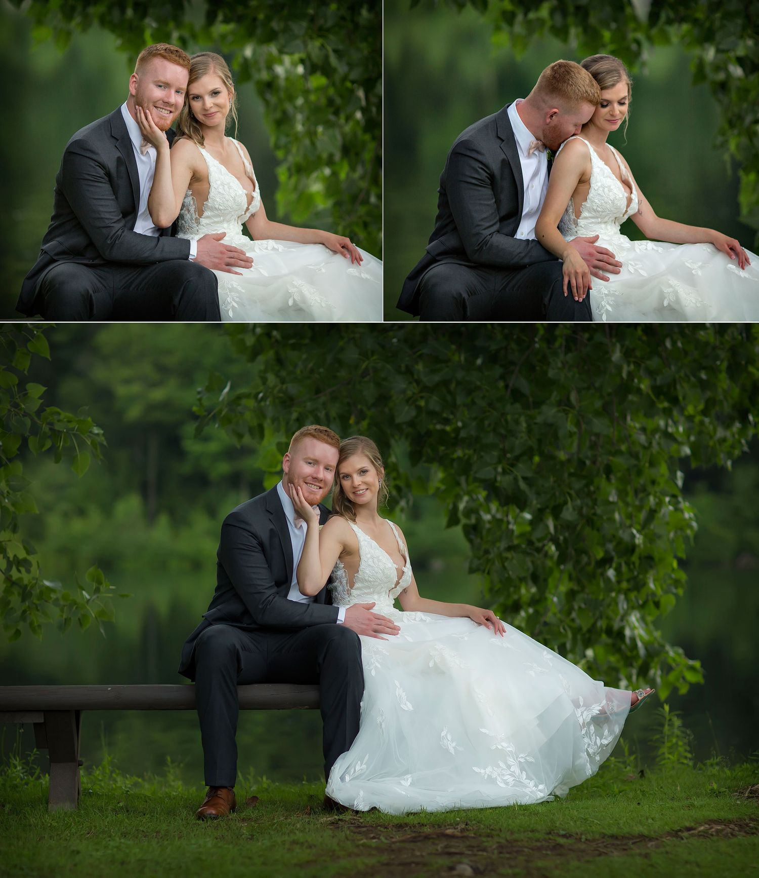 Old Daley on Crooked Lake Wedding bride and groom outside portraits on bench