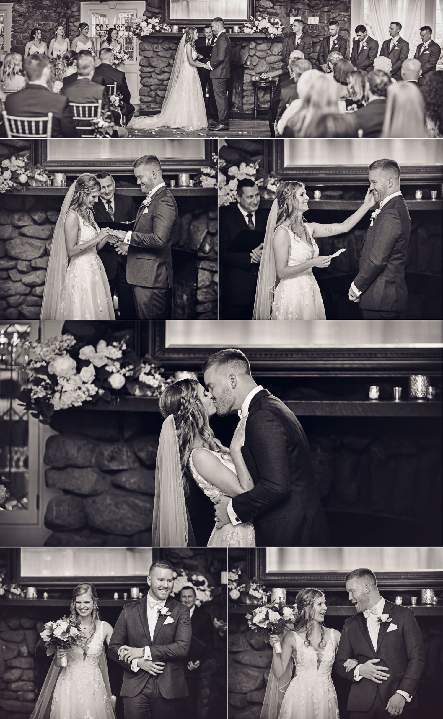 Old Daley on Crooked Lake Indoor Wedding ceremony black and white