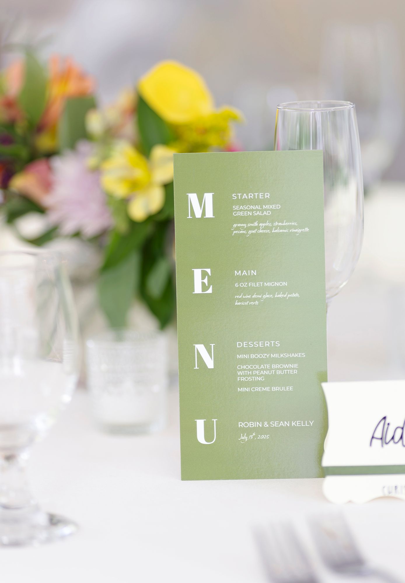 The Mansion of Saratoga wedding, reception table decor, menu