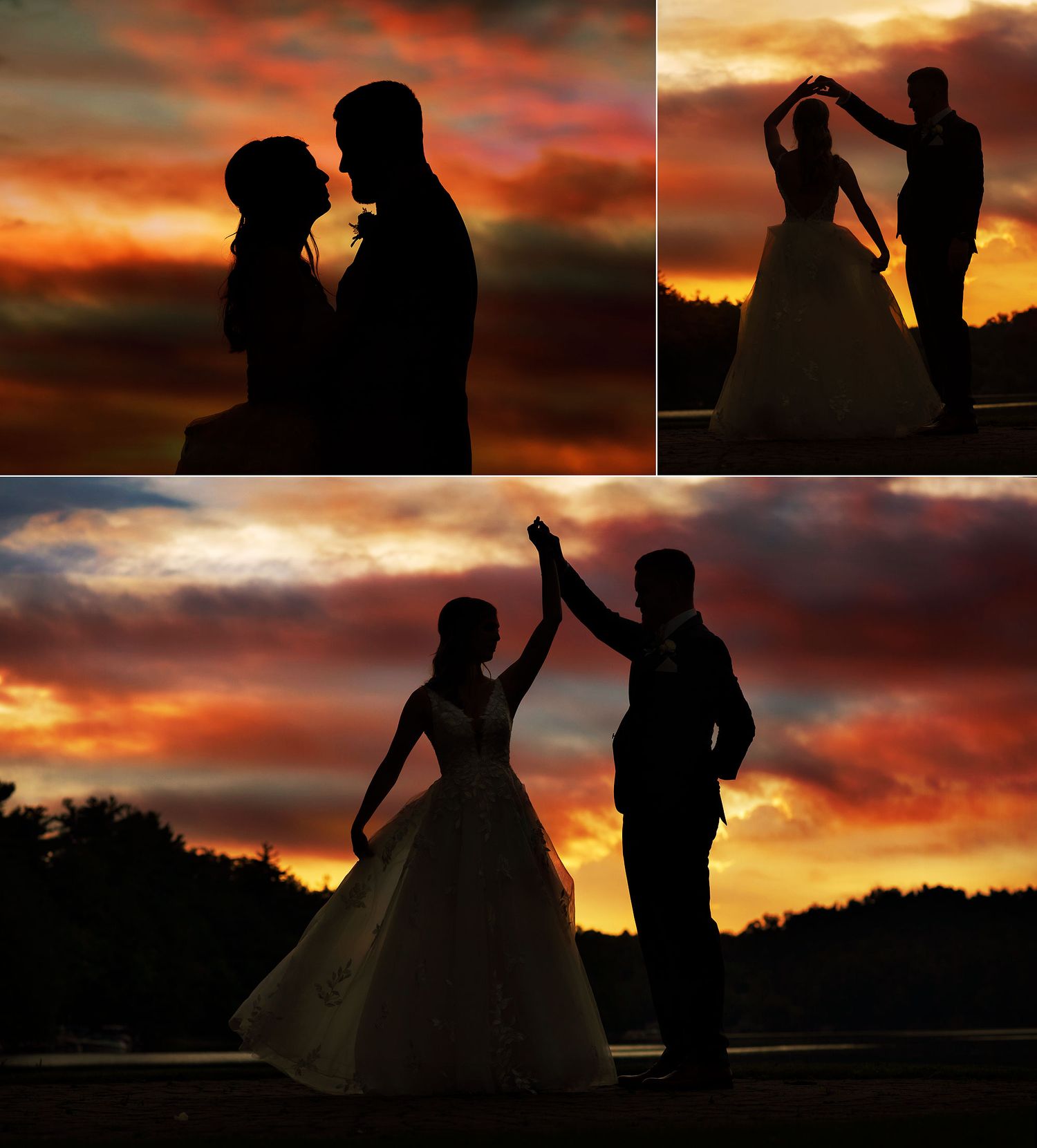 Old Daley on Crooked Lake Wedding bride and groom sunset silhouette portraits