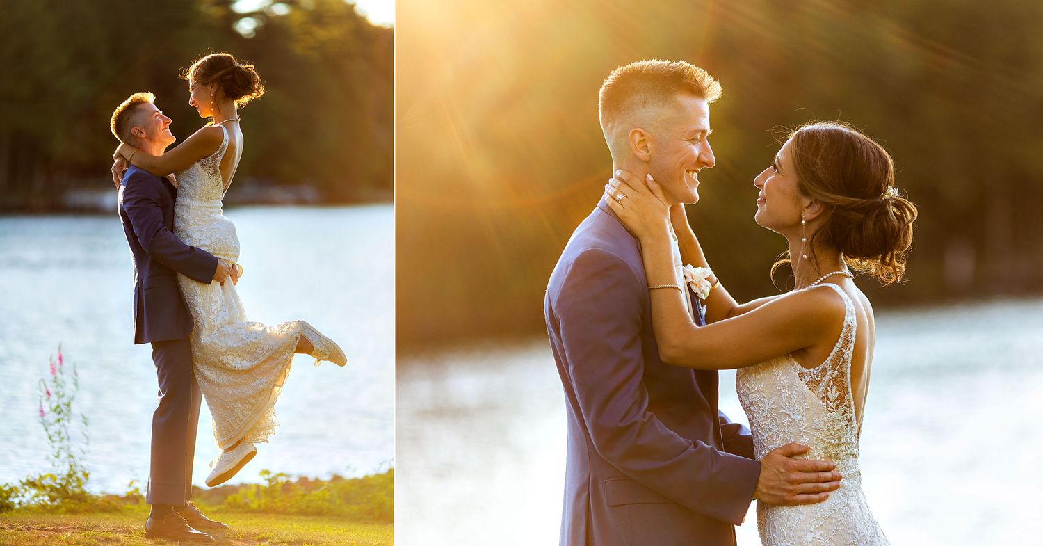 Old Daley on Crooked Lake Wedding bride and groom sunset