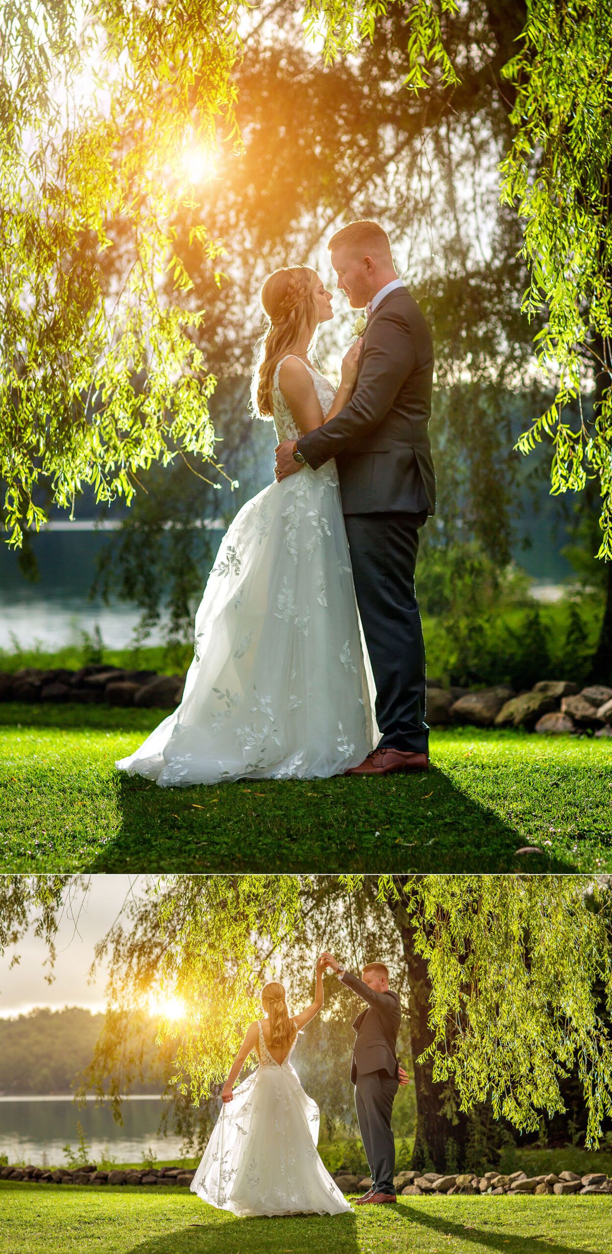 Old Daley on Crooked Lake Wedding bride and groom outside sunset portraits under willow tree