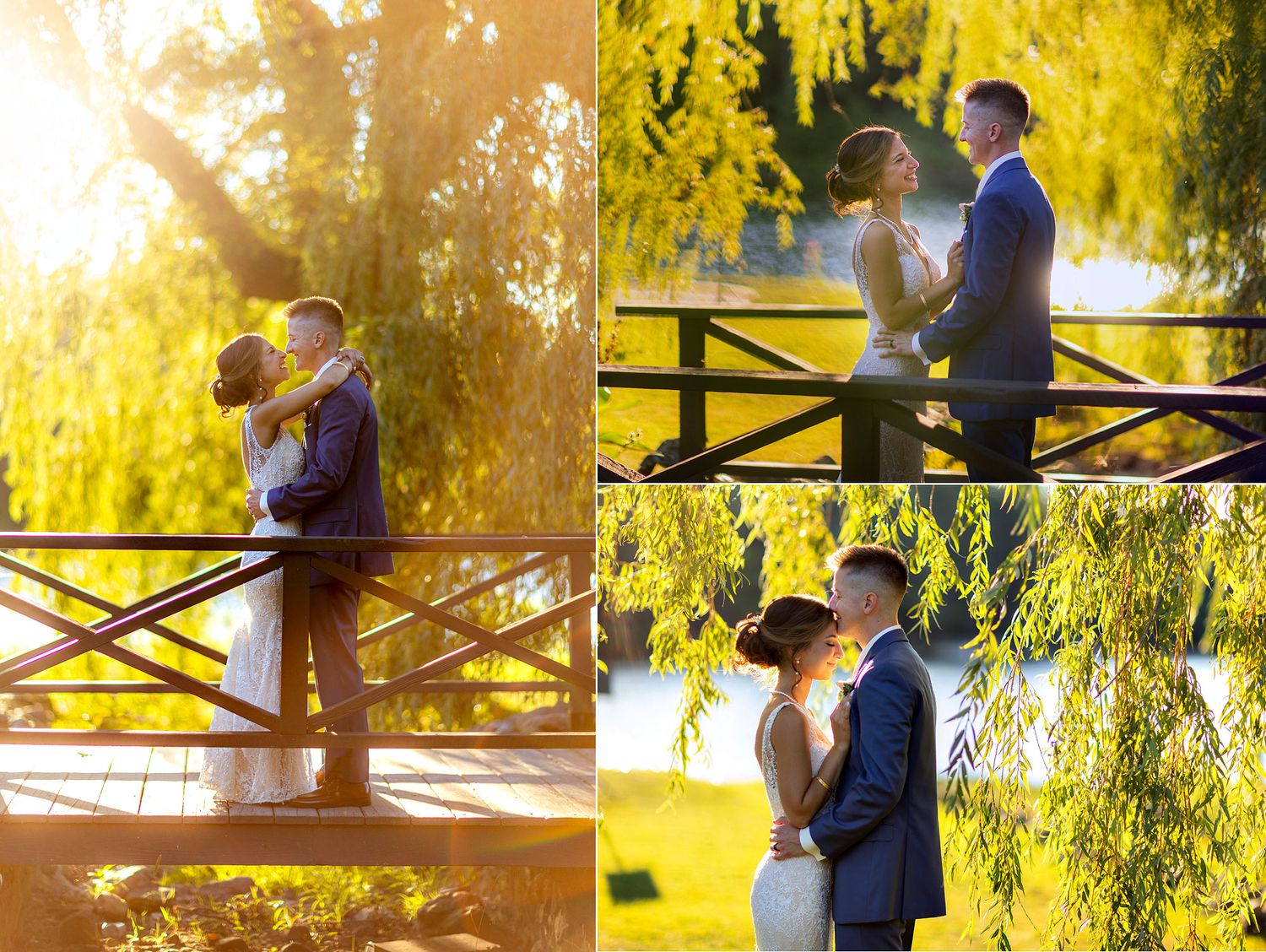 Old Daley on Crooked Lake Wedding bride and groom on bridge with willow tree