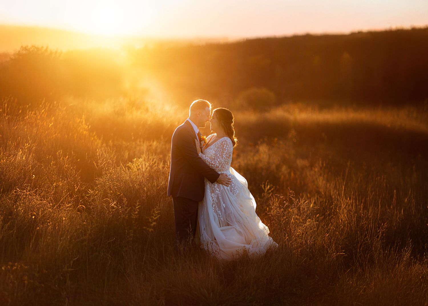 Sunset golden hour couple in field at Gables and Gardens event and wedding barn in Granville, NY