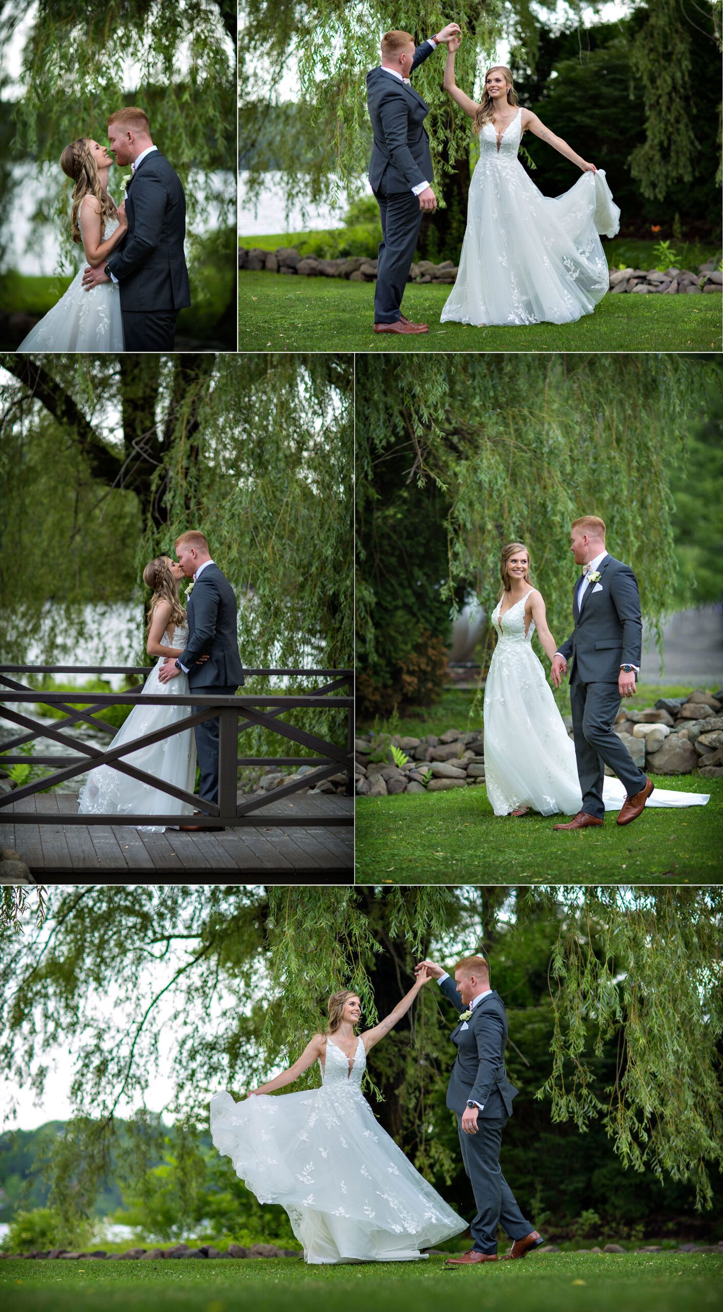 Old Daley on Crooked Lake Wedding bride and groom portraits with willow tree