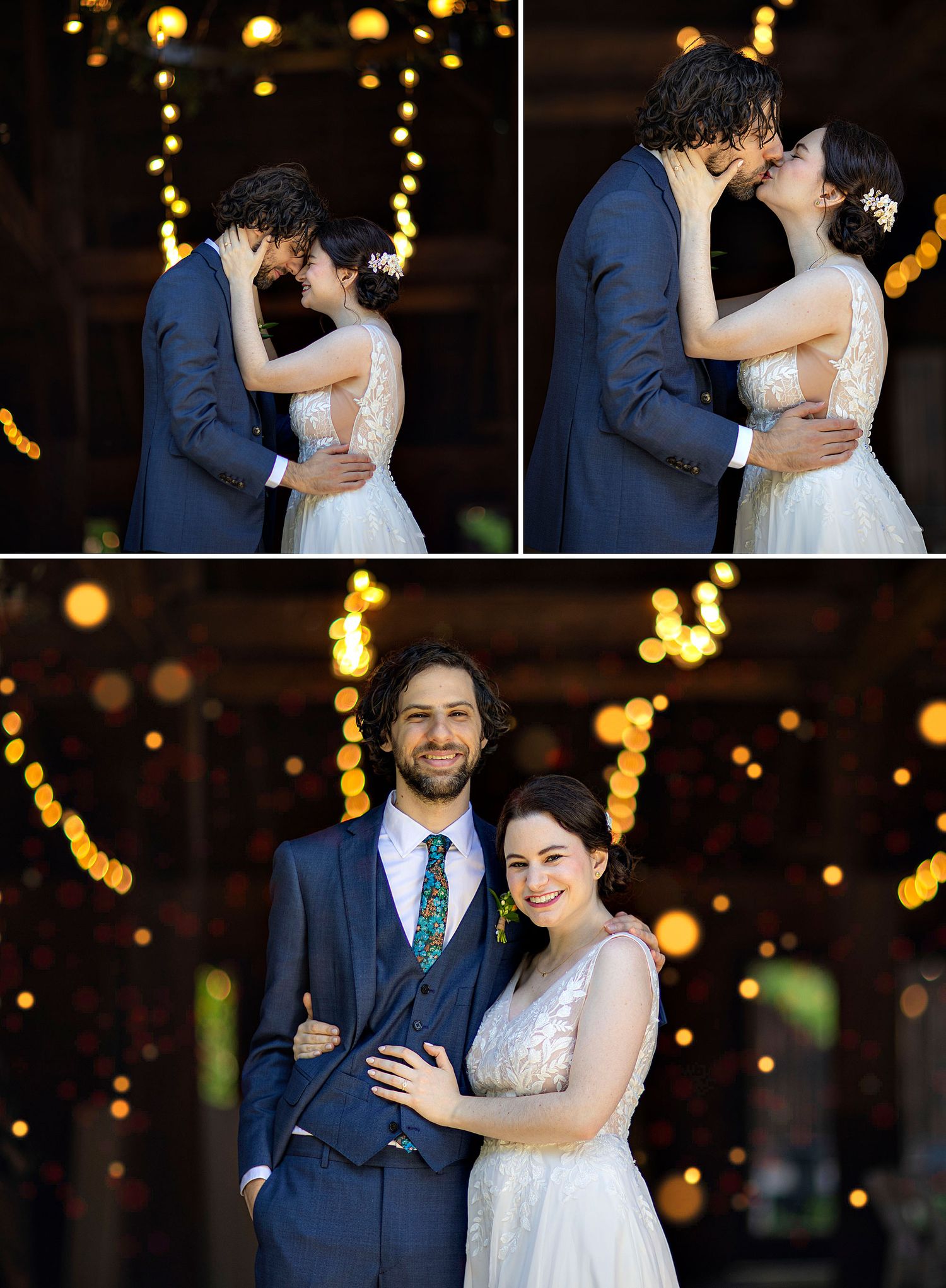 The Mansion Inn of Saratoga Springs NY Wedding bride and groom portraits barn with bokeh lights