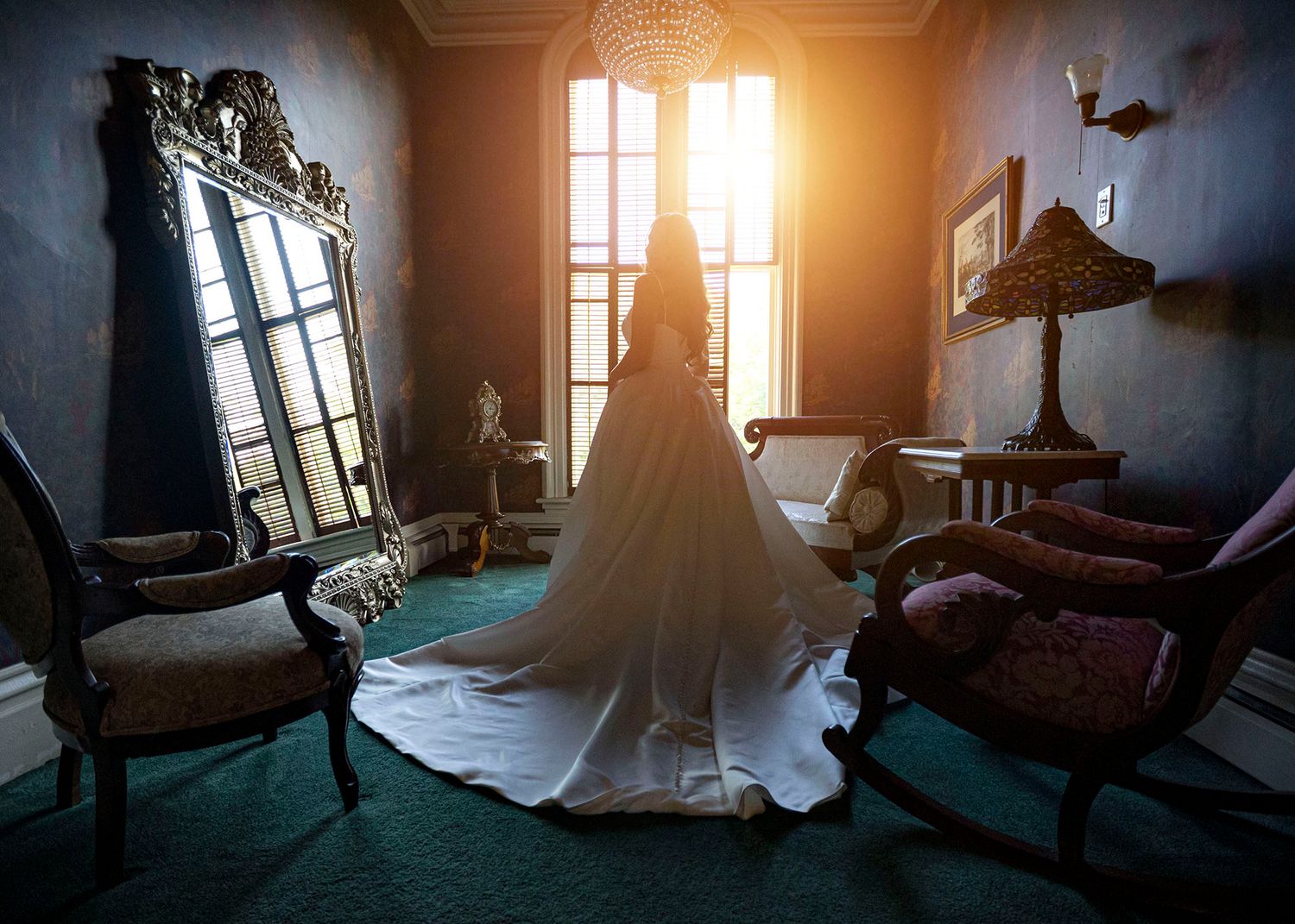 The Mansion of Saratoga wedding, bride with dress and train