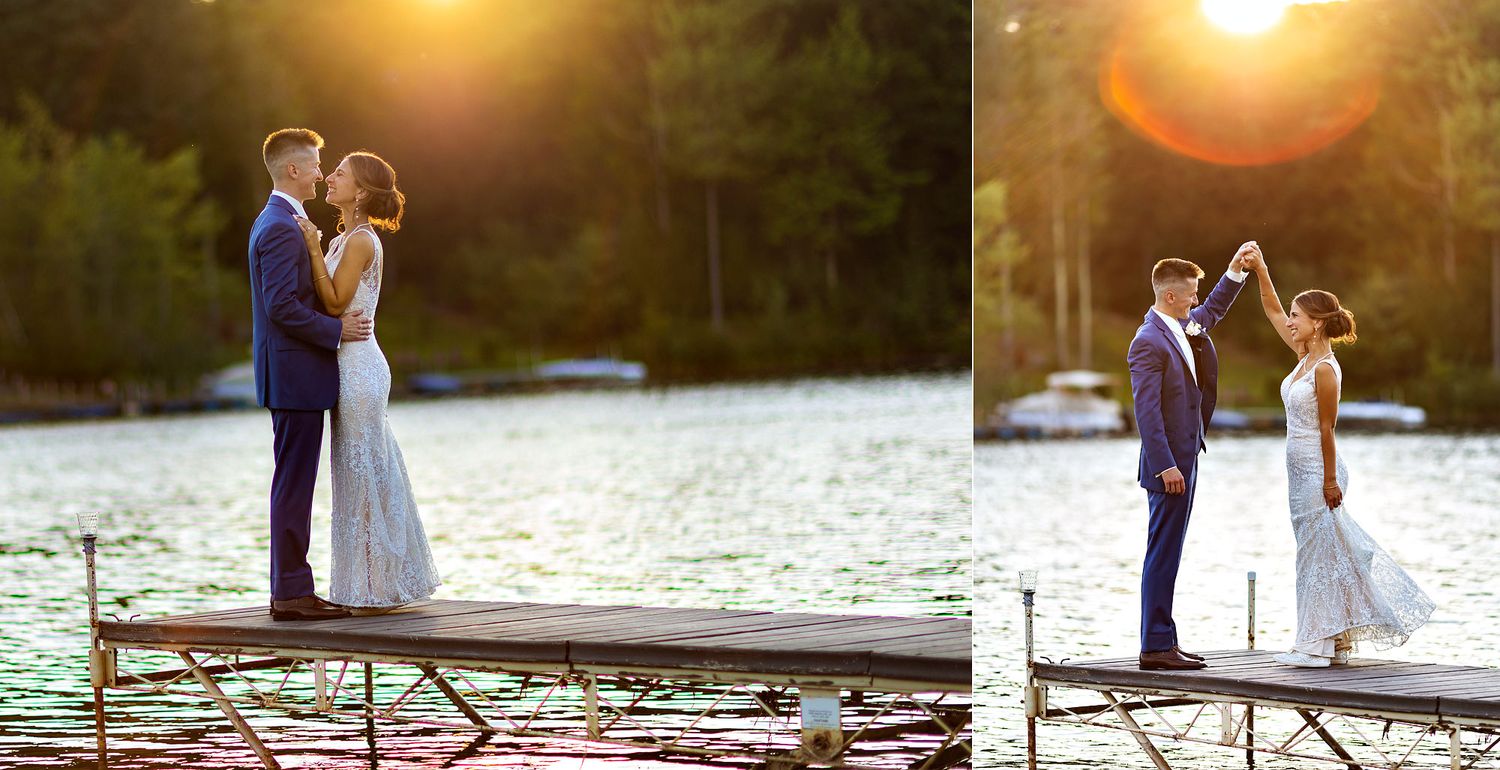 Old Daley on Crooked Lake Wedding bride and groom sunset silhouette