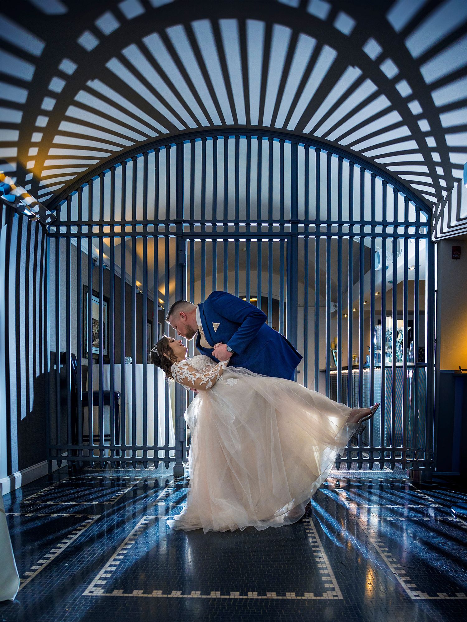Bride and groom backlit inside of wedding venue 60 State in Albany NY