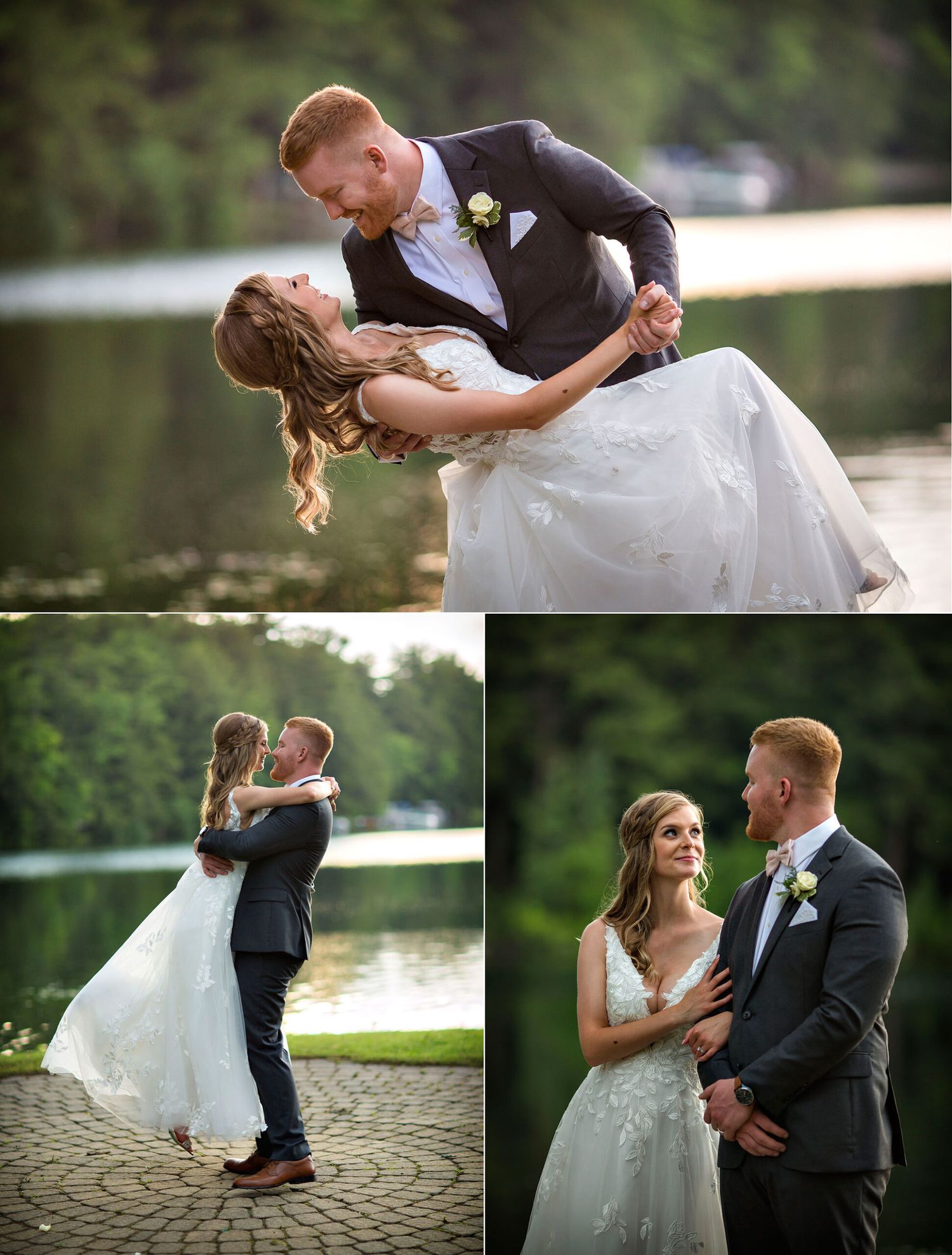 Old Daley on Crooked Lake Wedding bride and groom outside portraits