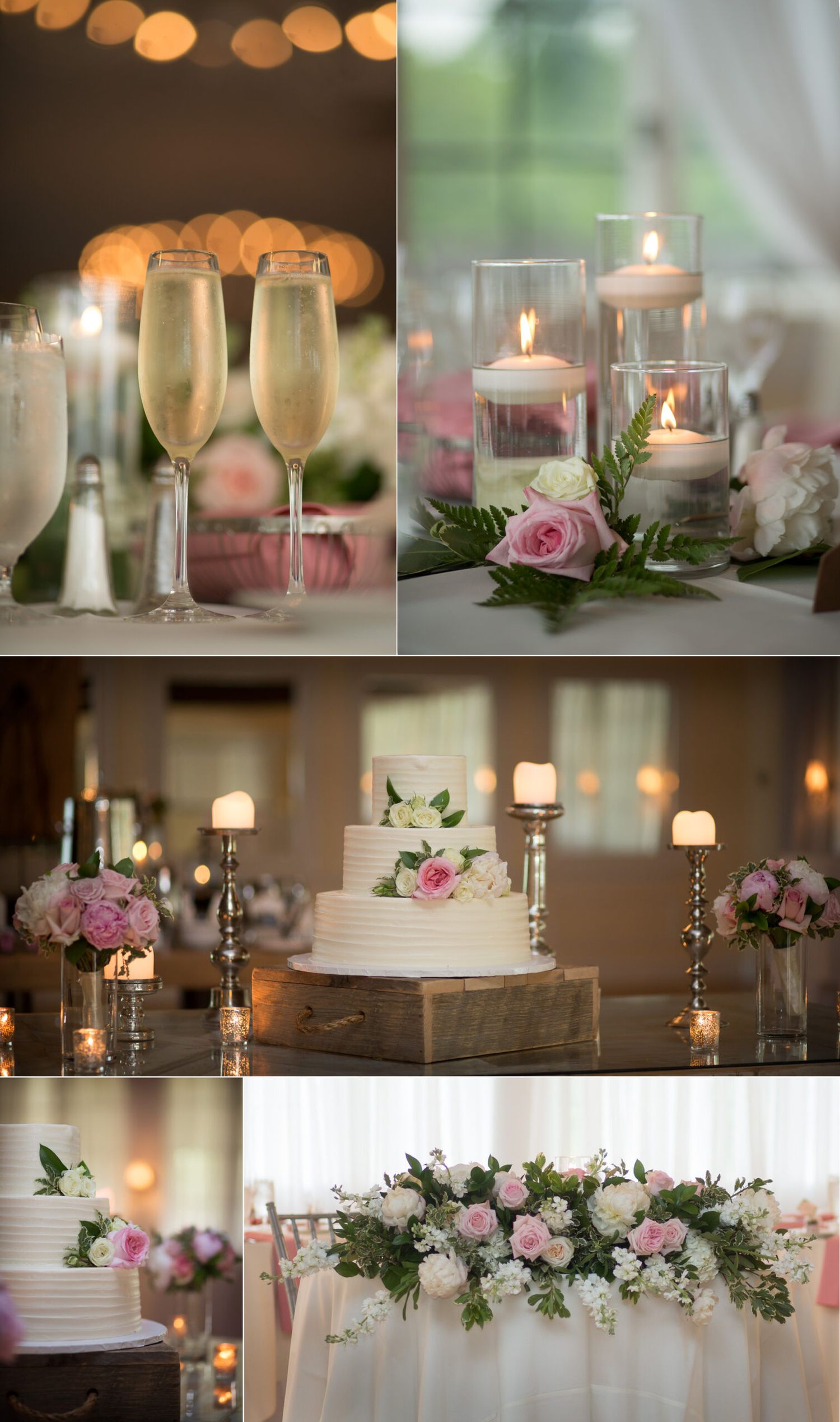 Old Daley on Crooked Lake Wedding reception details with cake, flowers, centerpieces, champagne glasses