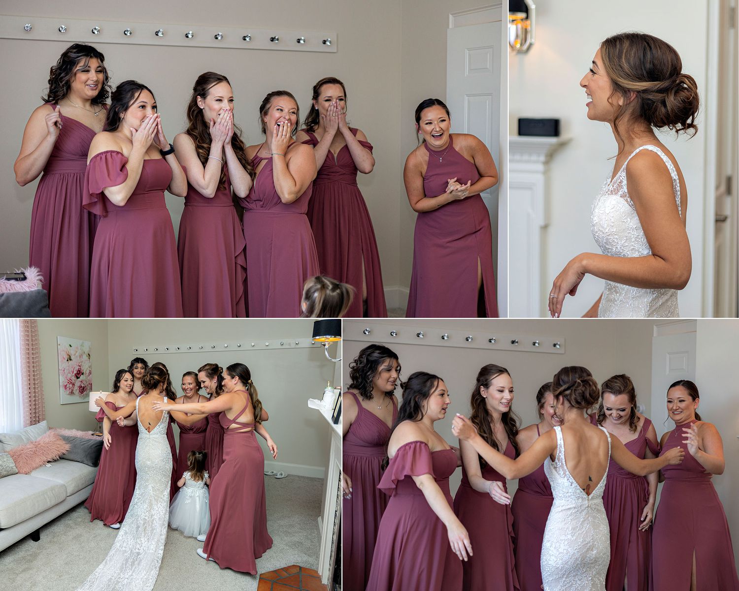 Old Daley on Crooked Lake Wedding bride first look with bridesmaids