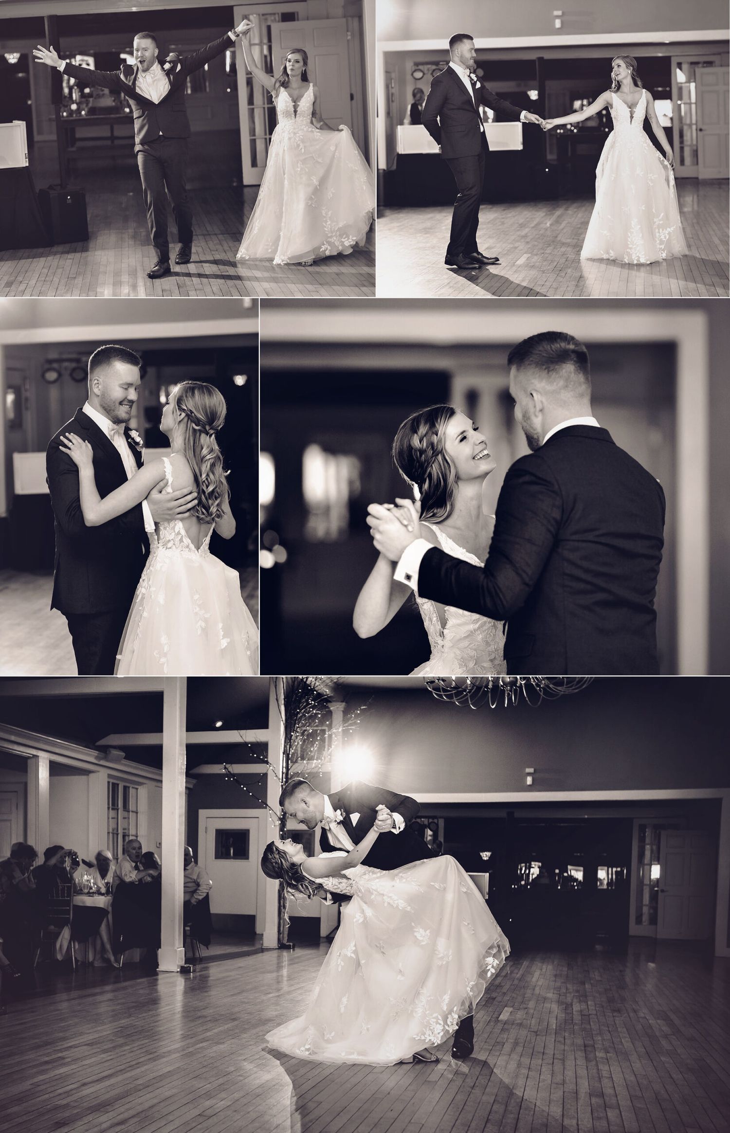 Old Daley on Crooked Lake Wedding reception bride and groom entrance and first dance black and white