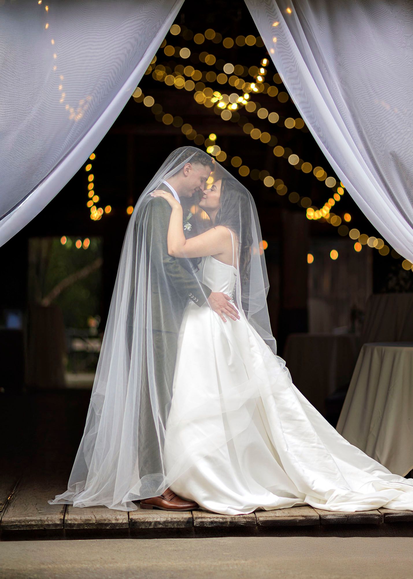 The Mansion of Saratoga wedding, couple in barn doorway under veil