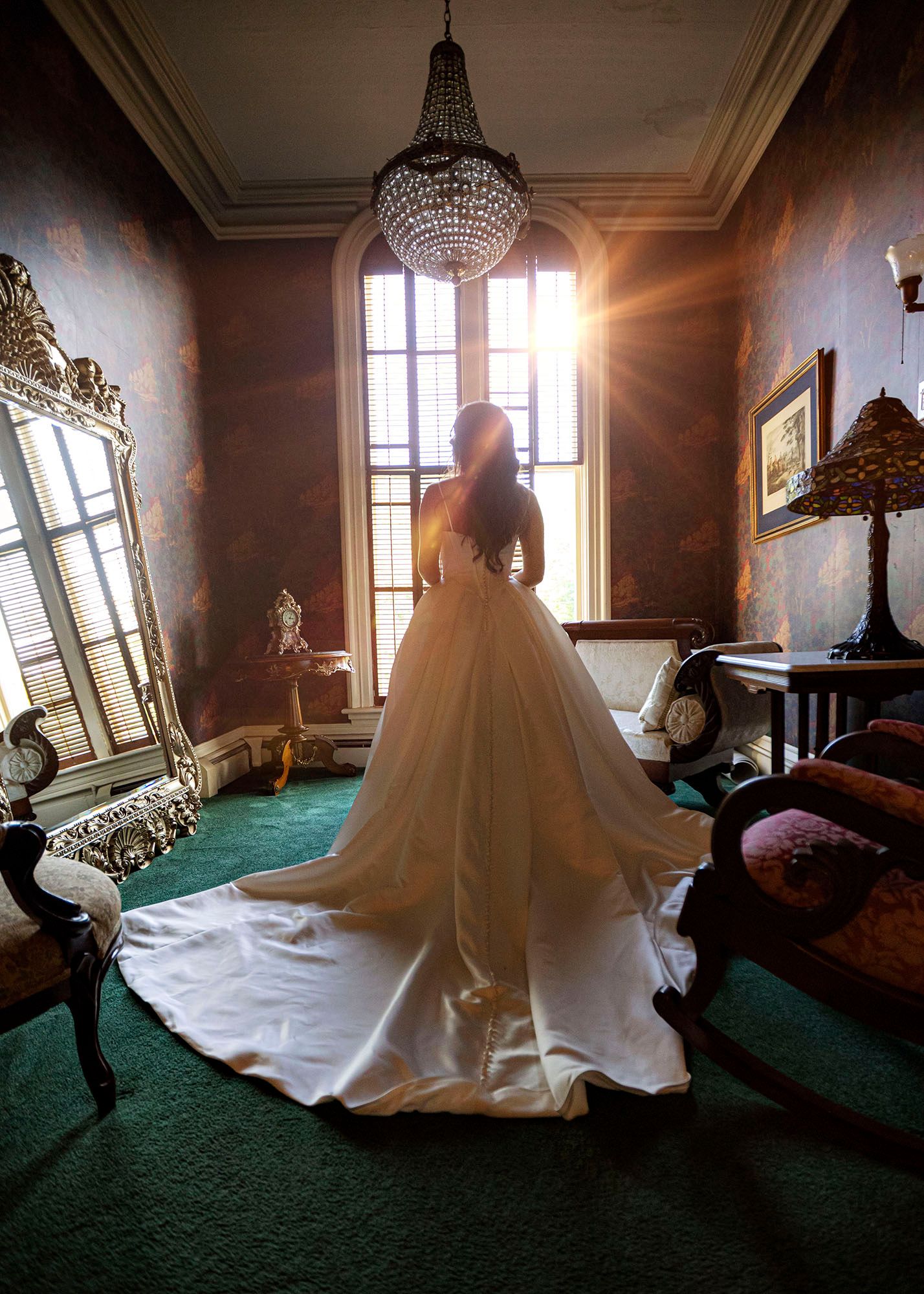 The Mansion of Saratoga wedding, bride with dress and train