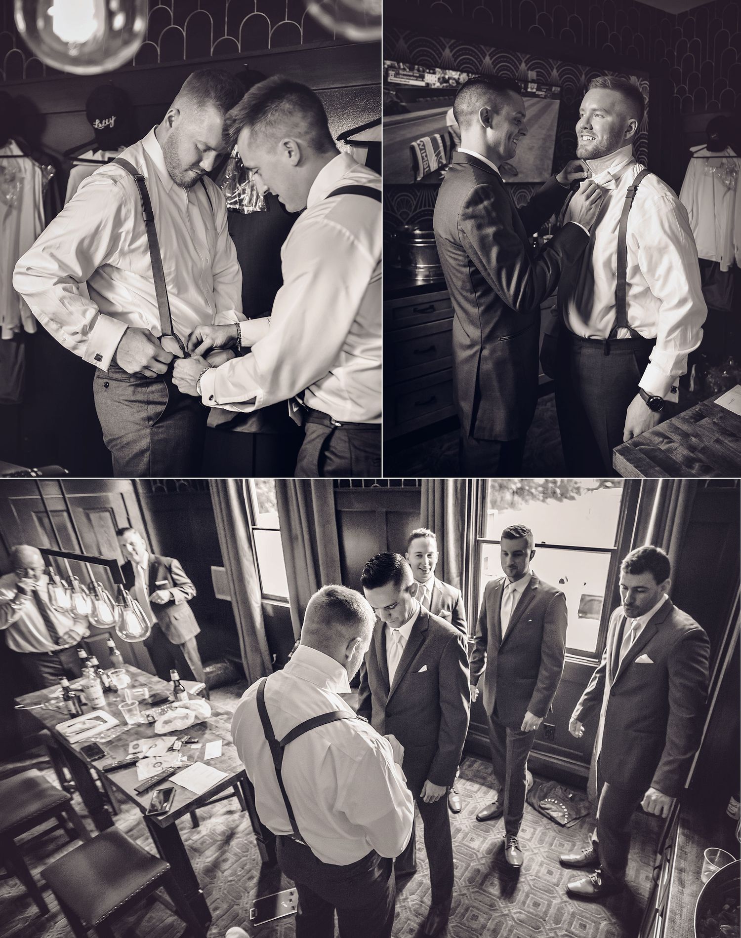 Old Daley on Crooked Lake Wedding groom getting ready with groomsmen