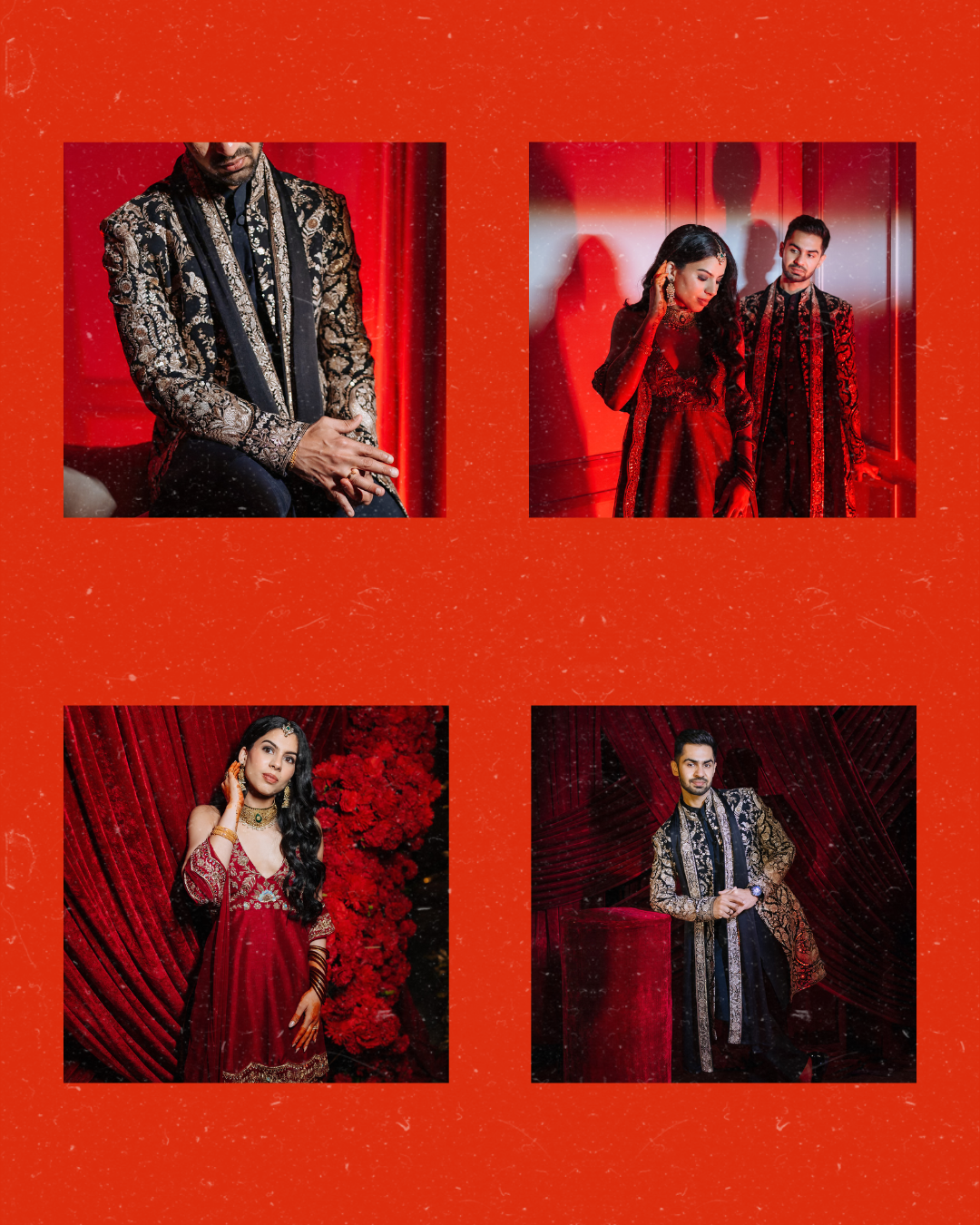 Bride and groom Shorye and Leah dressed in black and red for their Indian wedding Sangeet at Tivoli Chattarpur
