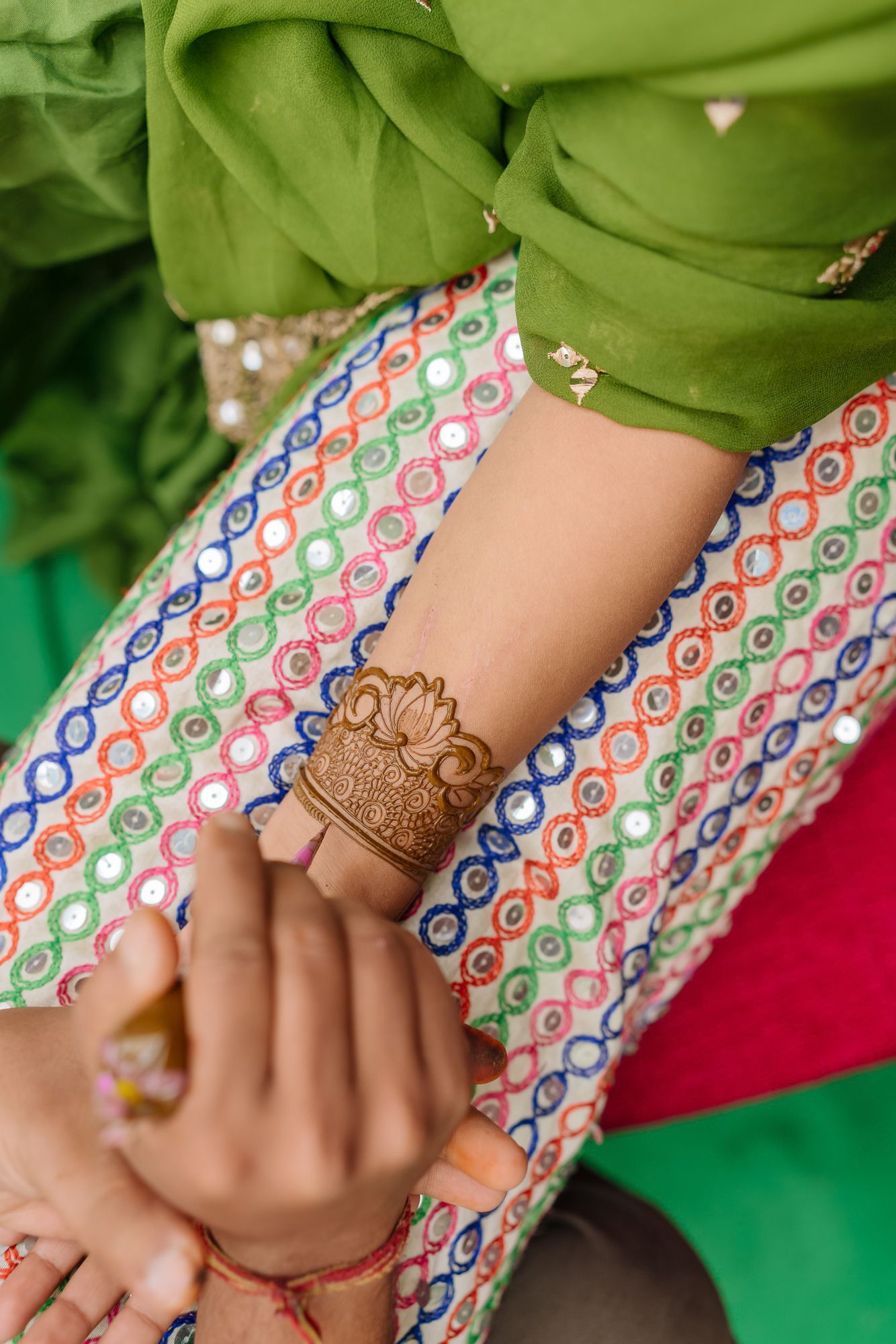 Close-up of intricate henna patterns on the bride's hands
