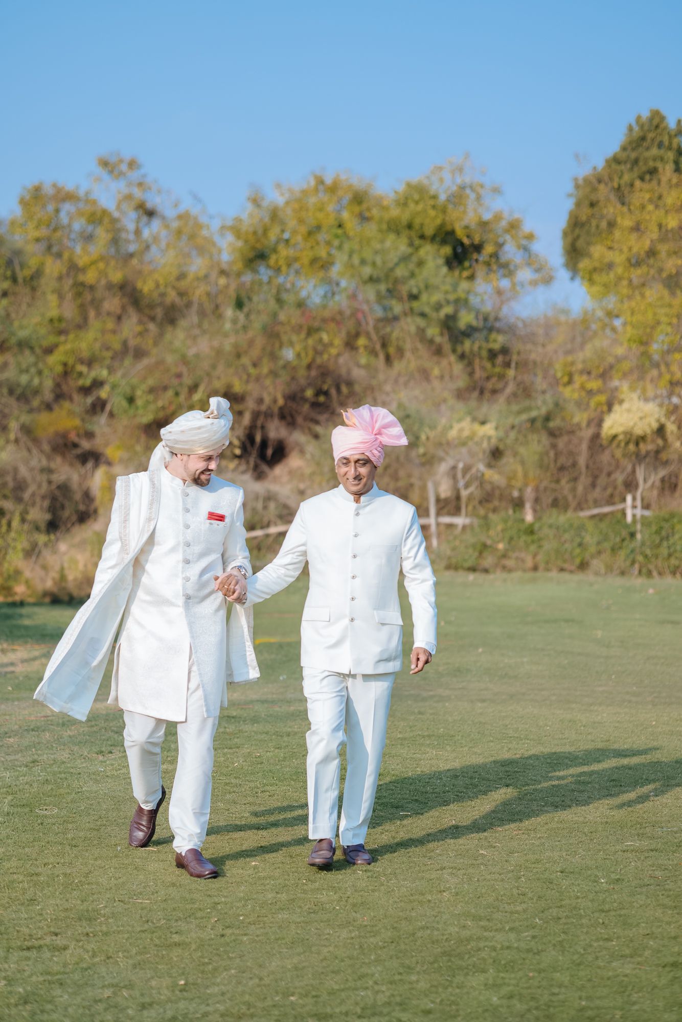 Groom Mats arriving with a vibrant baraat celebration in Indian attire for an Indo-Norwegian fusion wedding in Forest Hill Chandigarh