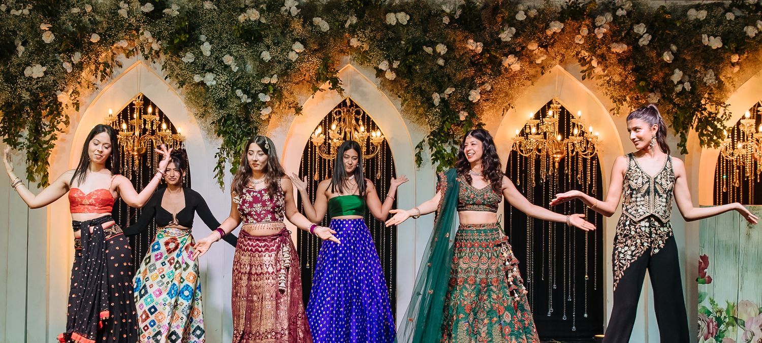 Friends bringing high energy to the Sangeet dance floor at Tivoli Chattarpur