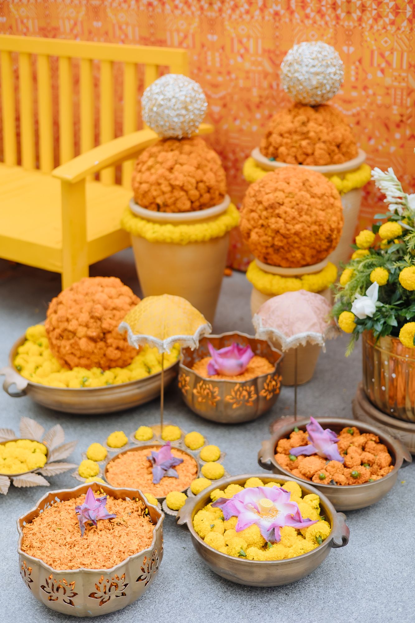 Fresh marigold Haldi decor in vibrant orange and yellow at Tivoli Chattarpur.