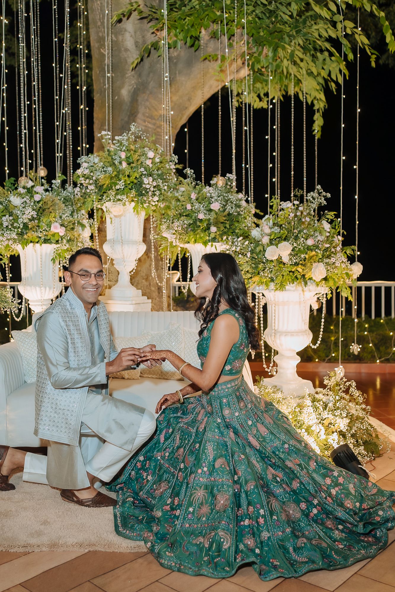 Sangeet night under fairy lights at Daleside Manor boutique hotel for Apoorva and Indrajeet's intimate engagement.