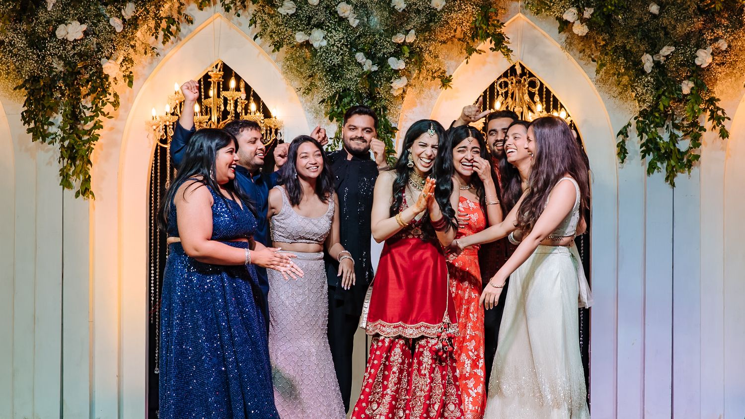 Friends celebrating Shorye and Leah with a lively Sangeet performance at Tivoli Chattarpur