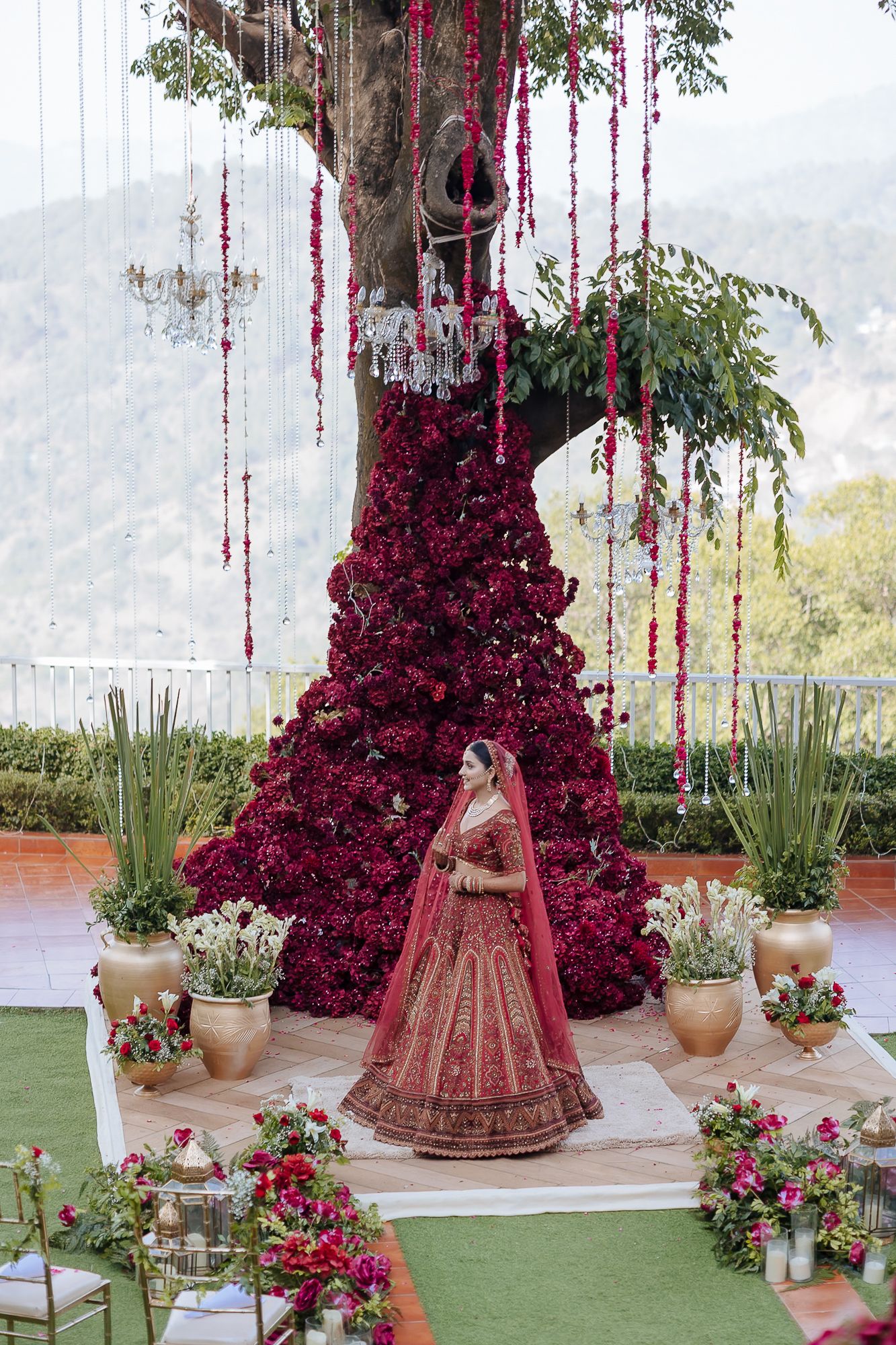 Indian bride in maroon lehenga with fine-art portraits for an intimate wedding of 30 people wedding in the hills at Daleside Manor, Kasauli