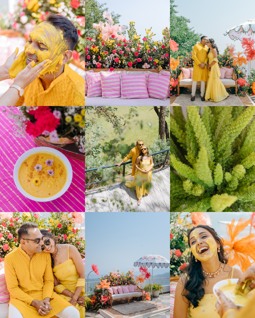 Colorful haldi moodboard ceremony with family and friends in Kasauli. Fine-art and candid wedding storytelling by Beginnings For You.