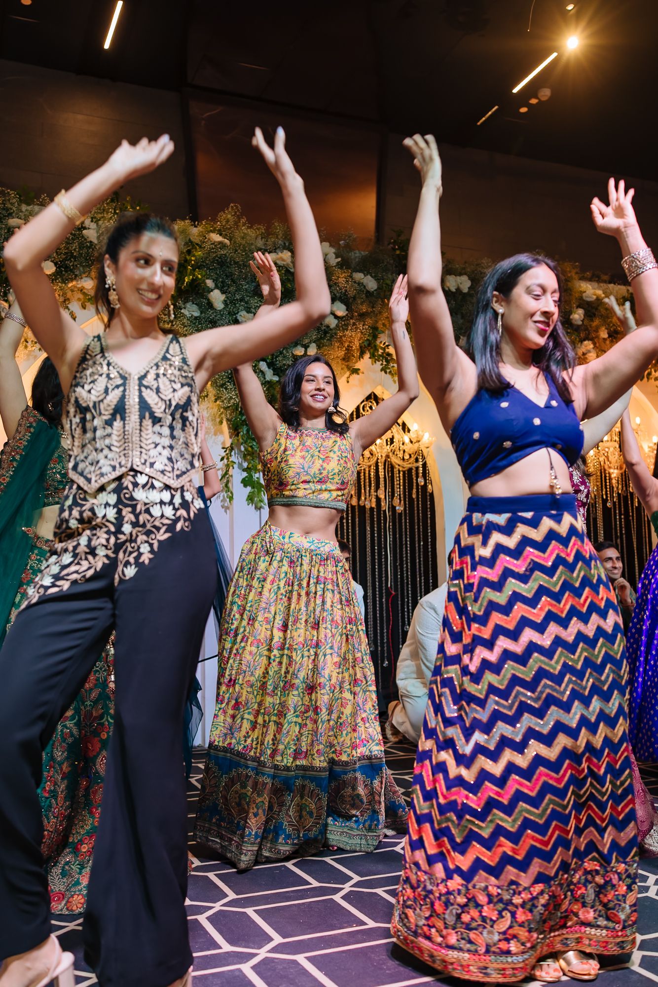 Friends bringing high energy to the Sangeet dance floor at Tivoli Chattarpur