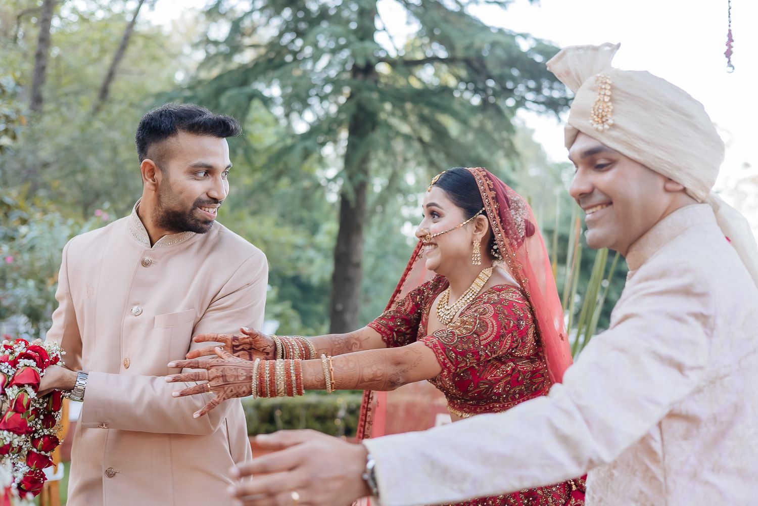 Bride and groom at Varmala at an intimate wedding of 30 guests in the Himalayas at Daleside Manor, Kasauli