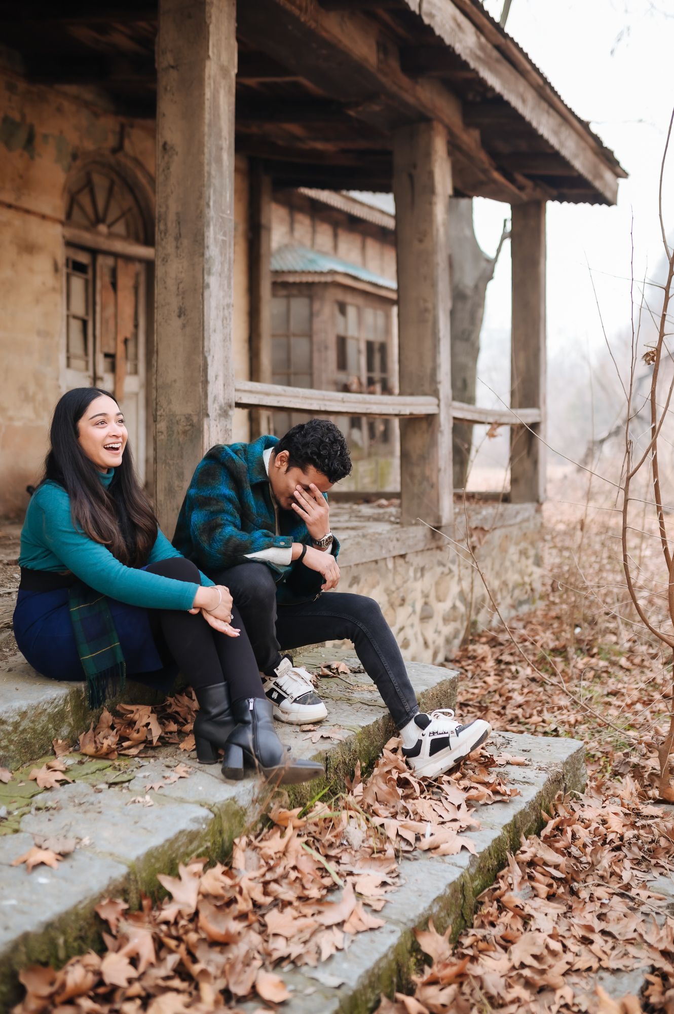 Intimate pre-wedding couple portrait with nostalgic fine-art style at a hidden secret spot in Srinagar