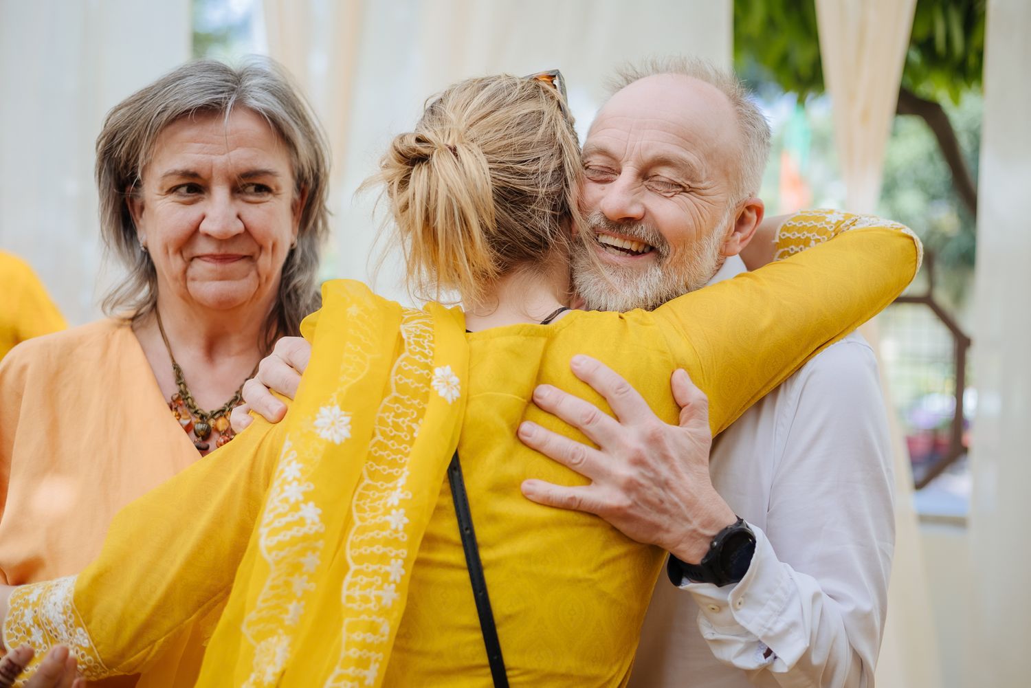 friends and family arriving for the Haldi celebration  for an Indo-Norwegian wedding of Mats and Itisha in Chandigarh