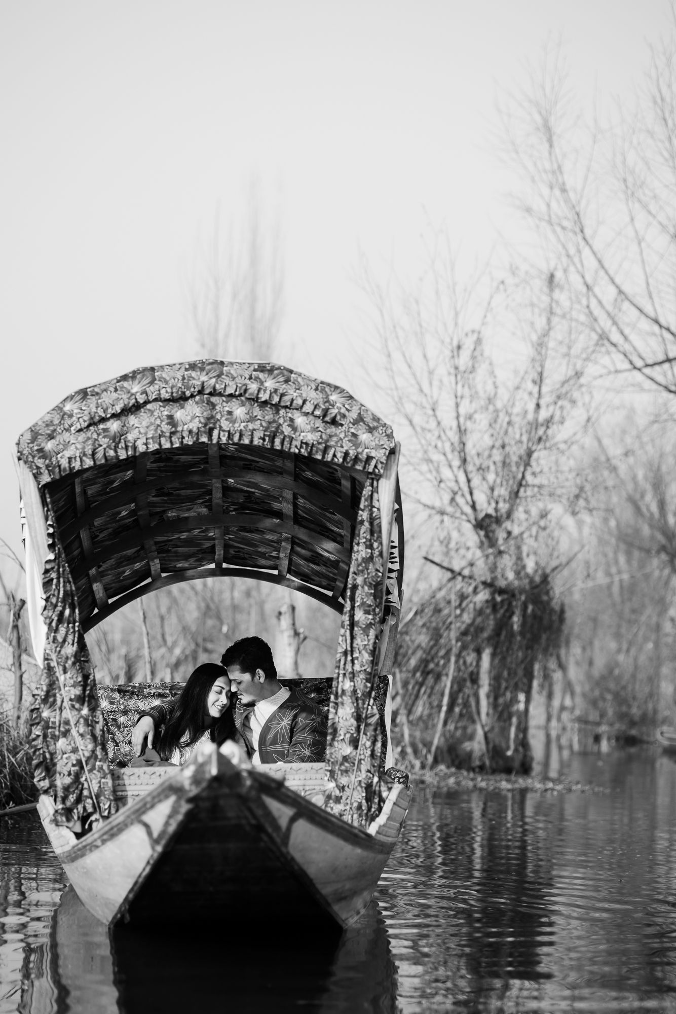 Romantic fine-art and heartfelt pre-wedding portraits in the scenic valleys of Srinagar's Dal Lake.
