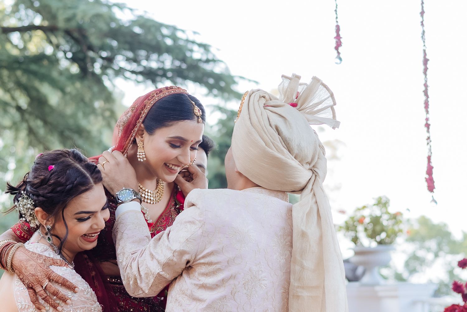Bride and groom at Varmala at an intimate wedding of 30 guests in the Himalayas at Daleside Manor, Kasauli