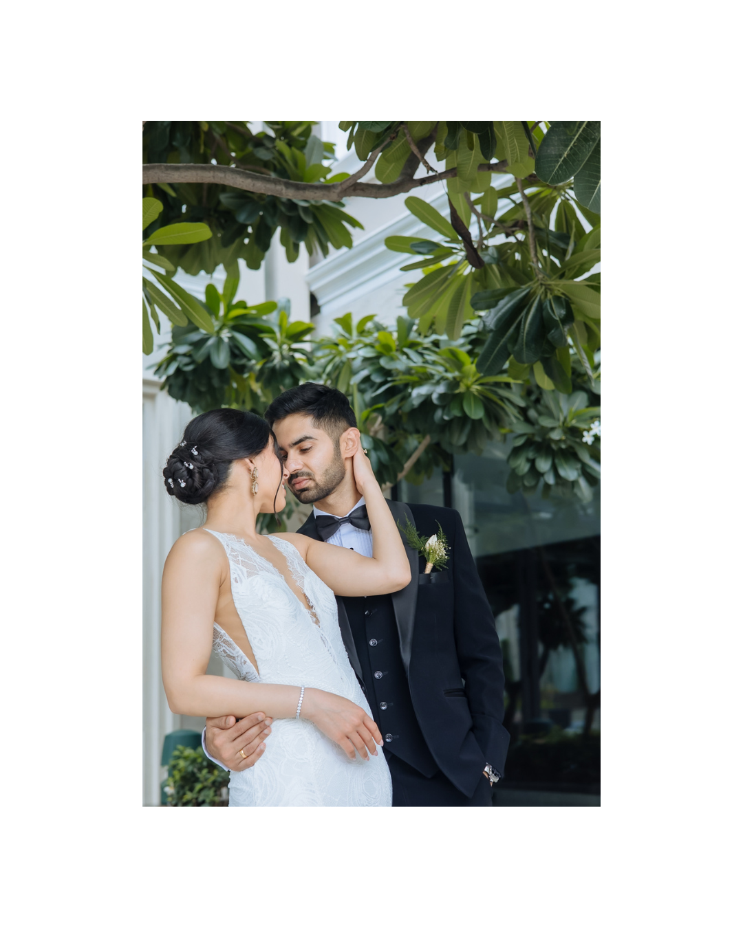 Newlyweds Shorye and Leah sharing an intimate moment on their wedding day at Tivoli Chattarpur