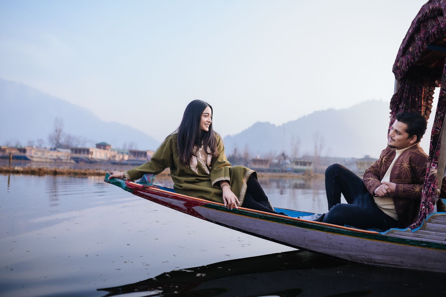 Romantic fine-art pre-wedding portraits in the scenic valleys of Srinagar's Dal Lake.