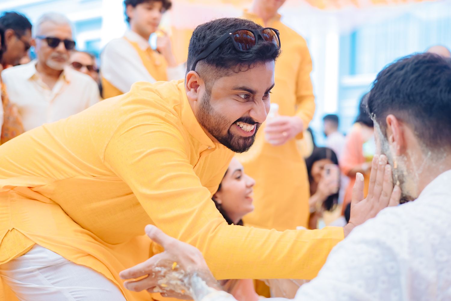 Bride and groom receiving blessings from guests during their Haldi ceremony at Tivoli Chattarpur