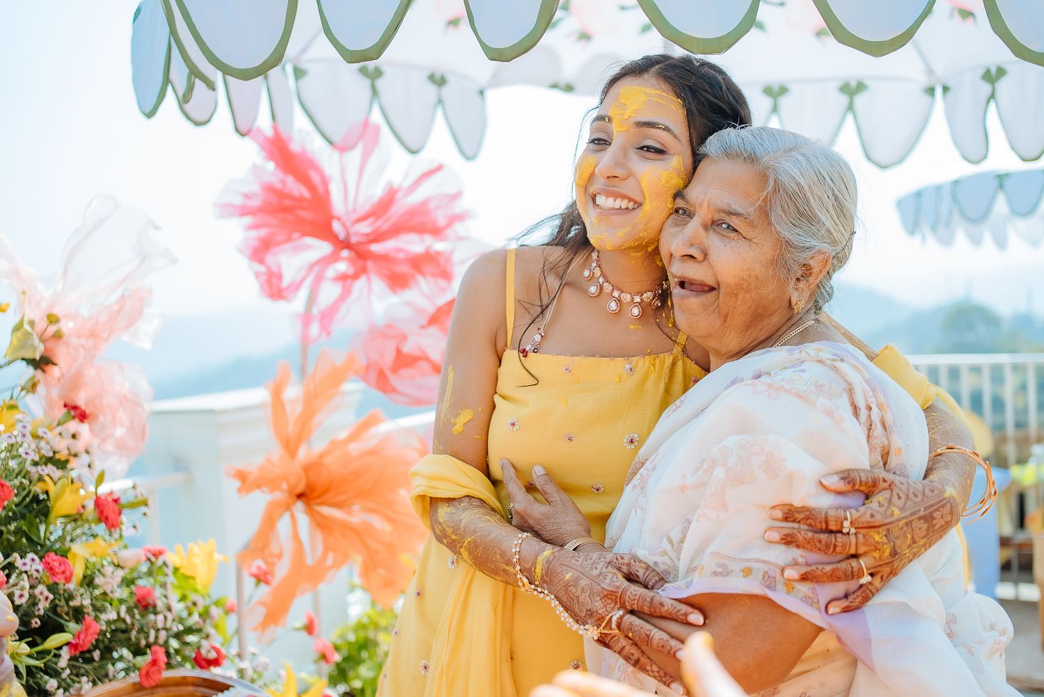 Colorful Haldi ceremony pictures with family and friends in Kasauli. Fine-art and candid wedding storytelling by Beginnings For You.