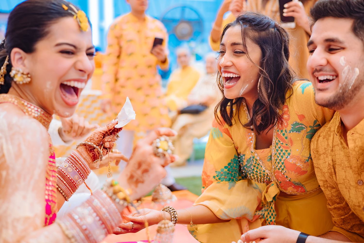 Shorye and Leah sharing intimate moments with loved ones during their Haldi at Tivoli Chattarpur